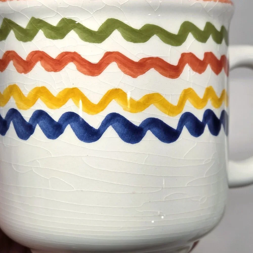 Vintage Crate & Barrel Italy Squiggly Line Mug Lot x3 Set Heavily CRAZED - READ